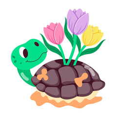 Comic style sticker of turtle flowers 

