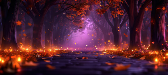 Autumn Park at Dusk with Orange Tree Light