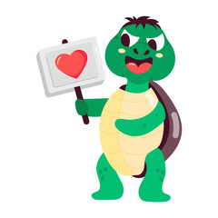 A flat style sticker showing a turtle holding board 

