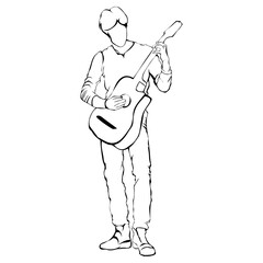 Silhouette of person playing guitar on transparent background. Perfect for stickers, logos, icons and tattoos