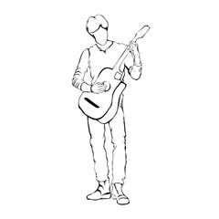 Silhouette of person playing guitar on white background. Perfect for stickers, logos, icons and tattoos