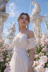 A full body shot of the woman cosplaying in goddess Aphrodite, wearing white and standing in front of Greek statues with flowers and a blue sky, rendered in Octane in the style of Unreal Engine.