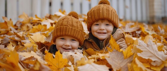 Two smiling children in warm knitted hats enjoying autumn, lying in a pile of colorful leaves near a white picket fence.