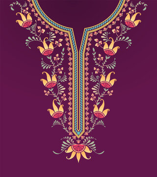 Floral vine decorative neckline pattern of Indian kurta shirt in vintage style. The neck design with delicate flower and branch motifs for women's embroidered clothing. Symmetrical pattern design.