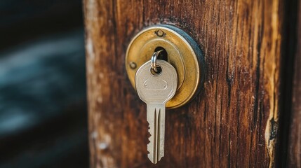 Fototapeta premium Detailed shot of a house key in the lock, representing safety and access to a home.