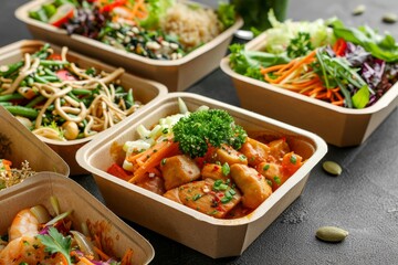 Organic takeout food in eco friendly containers for home dining concept photography