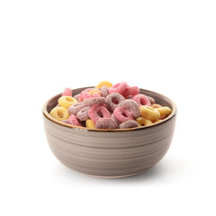Bowl with colorful sweet cereal rings on white background