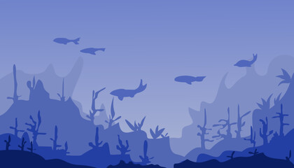 Image of a view of the ocean floor or under the sea in blue. Suitable for wallpaper, magazines, backgrounds, banners, posters and advertisements © Febrial Chalik