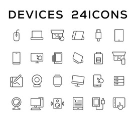 Fototapeta na wymiar Device and technology line icon set. Electronic devices and gadgets, computer, equipment and electronics. Computer monitor, smartphone, tablet and laptop simple icon collections
