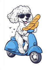 A simple t shirt design of a cartoon french poodle, wearing sunglasses and holding a french...