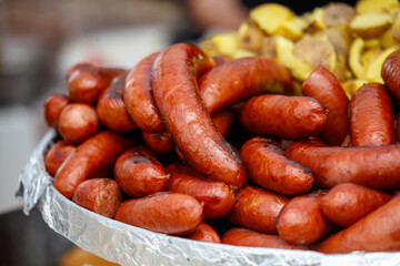 Grilled sausages on the counter in a cafe