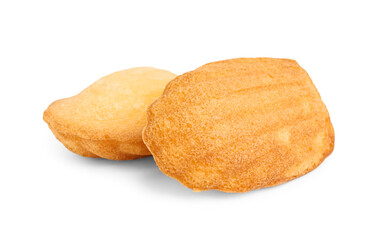 Delicious Madeleine cookies on white background