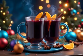 Obraz premium Mulled red wine on a winter backdrop, decorated with festive holiday ornaments.