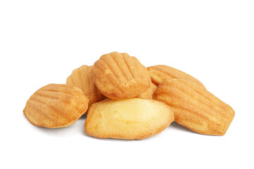 Delicious Madeleine cookies on white background