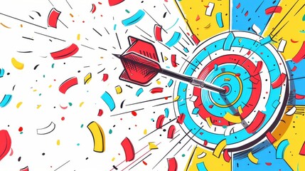 Obraz premium An illustration of a dart hitting a colorful bullseye, symbolizing success, achievement, and celebration with vibrant confetti.