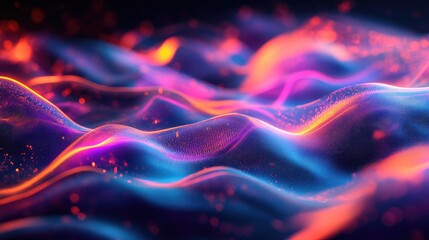 Flowing digital waves on a dark background, illuminated with bright colors.