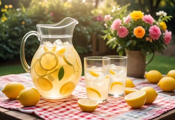Refreshing drink with ice cubes and citrus fruits in a pitcher, served on a table on a sunny day on a terrace.