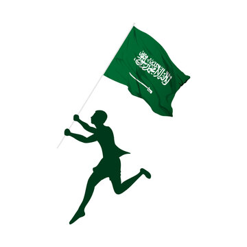 recommend clip art: Vector illustration of man running and holding Saudi Arabia flag in hands on transparent background