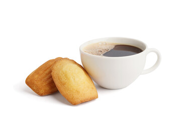 Tasty Madeleine cookies and cup of hot coffee on white background