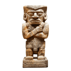 Stone statue of mayan warrior posing with arms crossed, representing strength and power