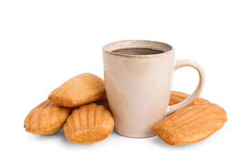Tasty Madeleine cookies and cup of coffee on white background