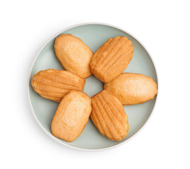 Plate with tasty Madeleine cookies on white background