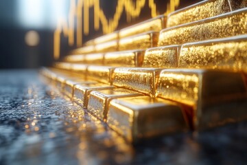 Shimmering Gold Bars Displayed Against Rising Market Trends