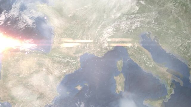 Earth zoom in from space and focus on Gardan, France. Background for travel intro or blog. Satellite view. 3D style Animation. Images from NASA.