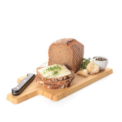 Wooden board of bread slices with fresh butter, garlic and peppercorn on white background