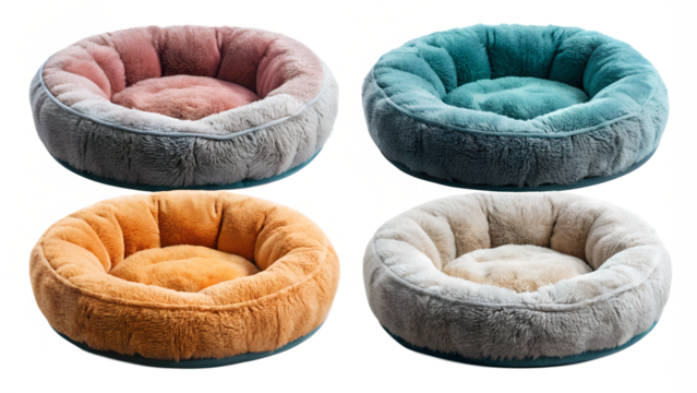 A collection of contemporary, circular, plush pet beds in a variety of colours, separated on a clear backdrop.