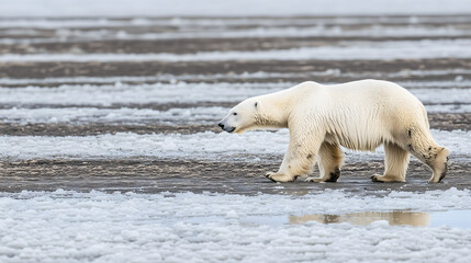 A White polar bear walks through a dirt and melt glaciers, Global Warming temperatures gradually melt glaciers with climate change.