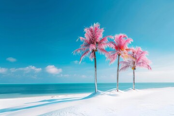 Obraz premium Stunning beach scene featuring vibrant pink palm trees against a clear blue sky, perfect for tropical paradise vibes.