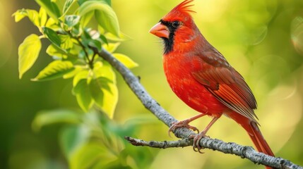 a red male Northern Cardinal bird perched on a branch in a forest 