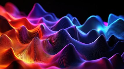 Fototapeta premium Multi-colored 3D waveforms on a dark background, evoking energy and motion.