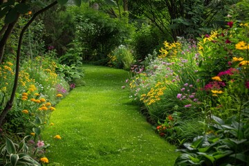 Obraz premium Path winds through garden bursting with vibrant flowers, Garden filled with lush blossoms