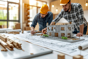 Two male designers and engineers are working on a layout at home in the office