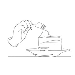 One continuous single drawn line art doodle hand, food, fork, dessert, sweet. isolated image hand-drawn outline on white background.