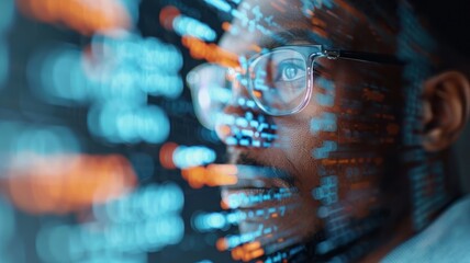 Stylized portrait of a Black Afro-American data analyst with his face partially obscured by binary code.