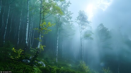 Obraz premium A serene forest scene with sunlight filtering through mist creates a calm, ethereal atmosphere, ideal for use in nature-themed projects, mindfulness applications, or relaxation visuals,