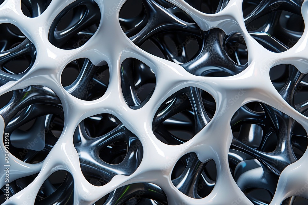 Poster a 3d rendering of a complex black and white geometric pattern with intersecting shapes and lines, ge