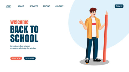 Young man with huge pencil Shows thumbs up. Education, knowledge, student concept Flyer design. Vector illustration. Training concept website, web page design. Time to study