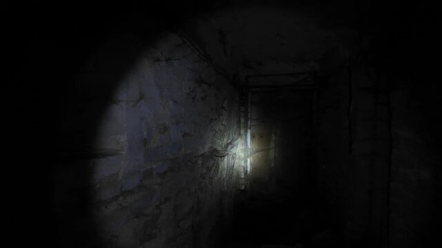Flashlight in Scary underground, basement. Old abandoned warehouses in a dungeons.
