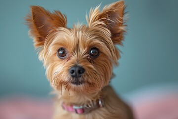 York terrier dog with a pink collar is sitting on blanket. Cute and friendly expression on its face