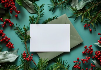A blank white card mockup with an envelope at the back in the middle surrounded by branches and red berries, high quality product photography