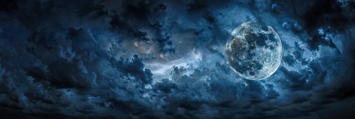 Full Moon obscured by dark clouds in the night sky Atmospheric nocturnal landscape