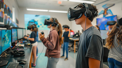 Students Engaged in a Classroom Using Virtual Reality Technology