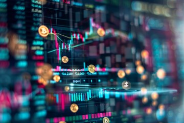 A blurry view of a stock market chart with bitcoins displayed prominently, Generate a digital collage featuring various cryptocurrency symbols and stock market charts