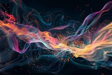 Colorful smoke swirls and billows against a dark black backdrop, Generate a dynamic visualization of data streams colliding and merging