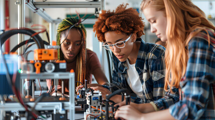 Diverse Group of College Students Collaborating on Engineering Project
