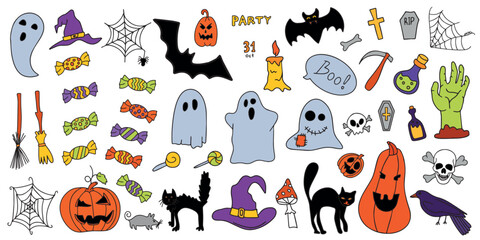Fototapeta premium Vector set of cliparts for Halloween hand-drawn doodles and engravings. A funny, cute illustration for seasonal design, textiles, decoration of a children's playroom or a greeting card